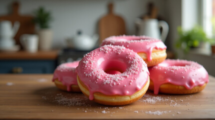 Freshly Baked Pink Glazed Donuts on a Rustic Wooden Table in Soft Natural Light
