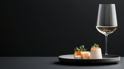 Plate with glass of wine and gourmet food in upscale dining setting