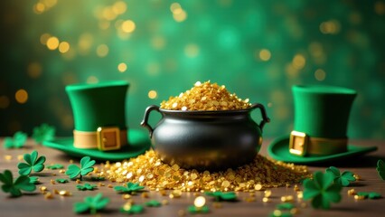 Dive into the lively spirit of St. Patrick's Day with a Pot of Gold centerpiece, surrounded by leprechaun hats, shamrocks, and sparkling green confetti in a colorful display.