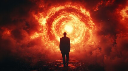 Fototapeta premium A man stands in front of a fiery tunnel