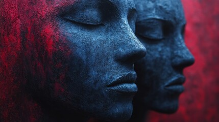 Obraz premium Two faces made of stone with red background