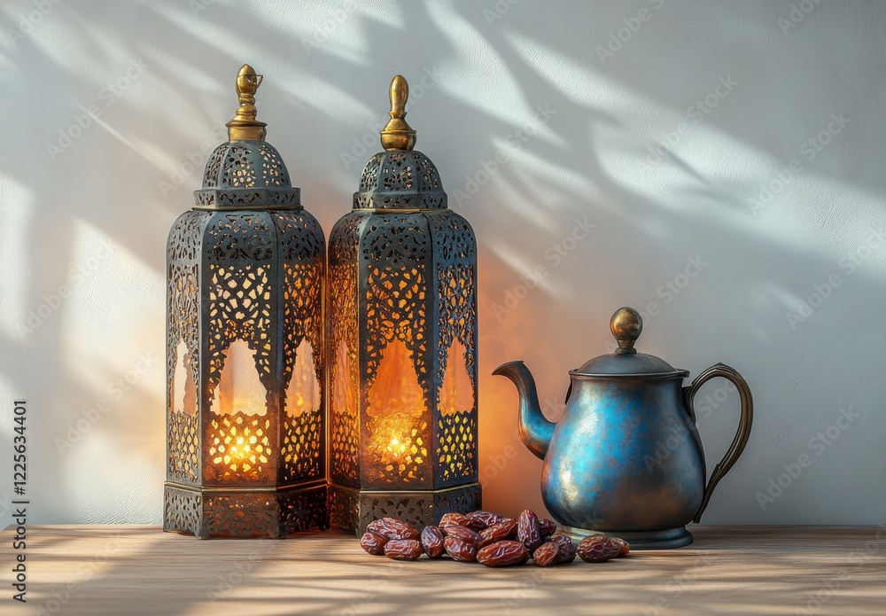 Poster elegant traditional lanterns and teapot with sweet dates on wooden table surrounded by soft shadows 