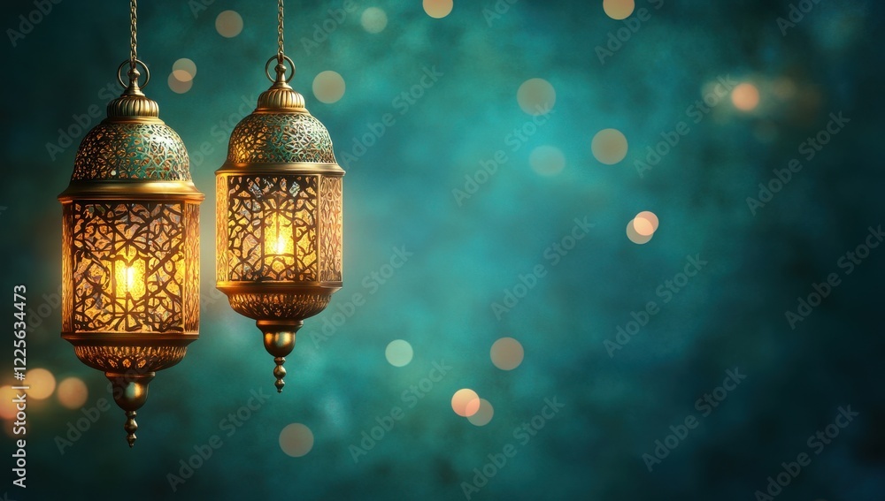 Poster elegant traditional lanterns illuminated against a blurred turquoise background, perfect for creatin