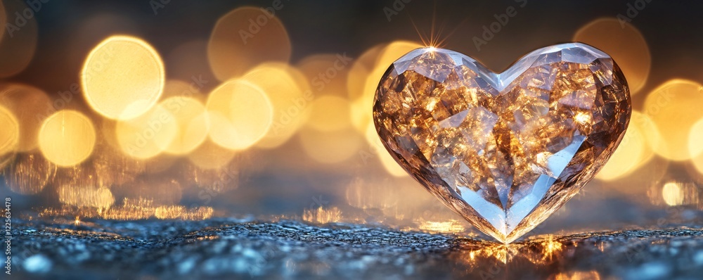 Poster sparkling crystal heart stands out on a textured glittery backdrop with a golden bokeh background