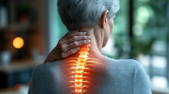 An elderly woman holds her neck in discomfort, with an illustrated glowing spine overlay highlighting cervical pain or spinal issues.