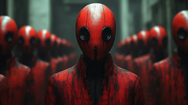 A group of red, zombie-like figures are lined up in a row