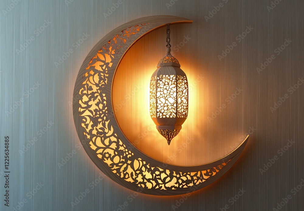 Poster elegant wall light fixture shaped like a crescent moon with intricate patterns and glowing lantern, 