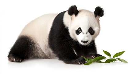 Naklejka premium Adorable Giant Panda Sitting with Green Bamboo Leaves on White Background