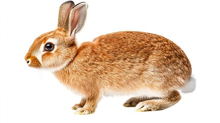 Brown Rabbit Sitting on White Background in Natural Pose