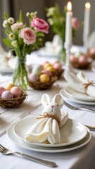 Festively decorated table for Easter in pastel colors: Easter eggs, dishes, tablecloth, delicate flowers in a vase, napkins folded in the shape of Easter bunny ears