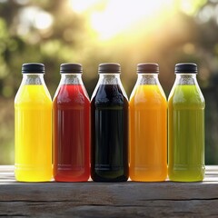 Colorful assortment of beverages displayed outdoors in sunlight showcasing various flavors and vibrant hues