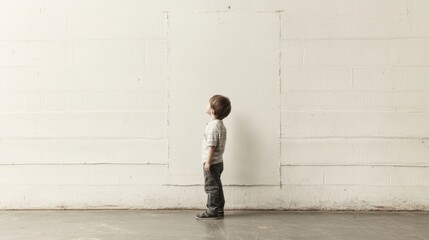 Young boy looking up at a large blank white wall.