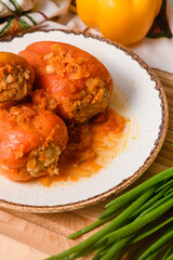 Stuffed Peppers with Meat and Rice in Tomato Sauce