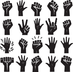 Human Rights Day strong hands silhouette icon set