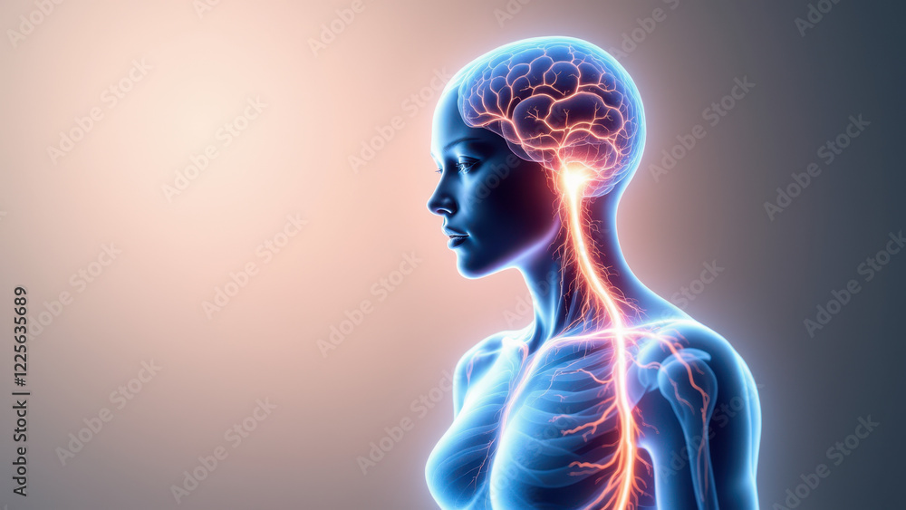 Poster vns - vagus nerve stimulation; 3d rendering of a human body with highlighted neural pathways from th