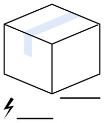 Closed box sealed with tape, surrounded by minimal lines and a lightning bolt. Ideal for logistics, delivery, storage, ecommerce, minimalism, utility, abstract line flat metaphor