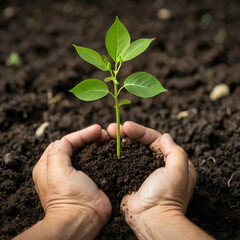 hands holding a small tree sprout with soil protection of environment 