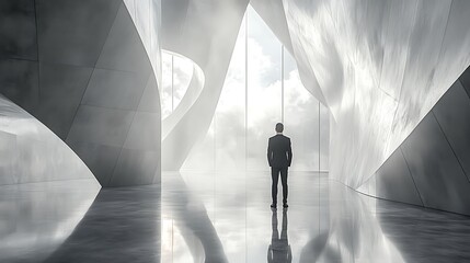 lone figure stands at the end of a long, concrete corridor, with a triangular opening in the wall leading to a bright light