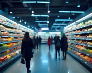 Supermarket Aisle with Shoppers Under Bright Lights and Fully Stocked Shelves of Fresh Fruits and Vegetables