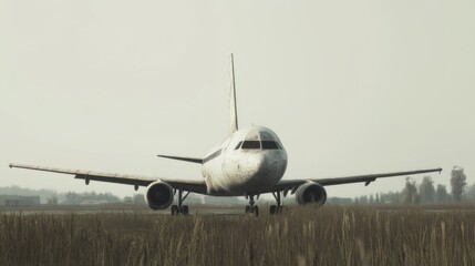 Naklejka premium Abandoned airplane on airfield, overgrown with grass.