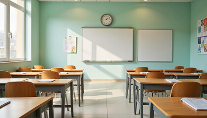 Empty classroom with wooden desks and green walls