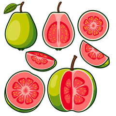 Guavas, both whole and sliced, are elegantly arranged to showcase their shapes and colors.