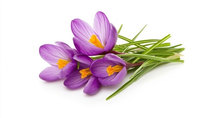 Fototapeta premium Vibrant Purple Crocuses with Green Leaves on White Background