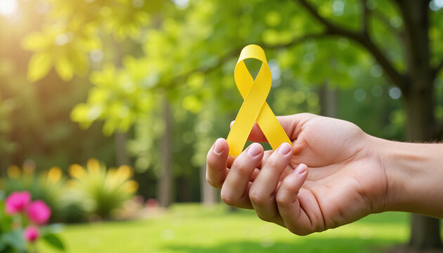 Hand holding yellow ribbon in green garden, World Down Syndrome Day