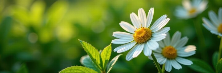 Fototapeta premium Close-up of chamomile blossoms amidst vibrant leaves , bloom, yellow, white