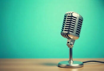 Retro old microphones for press conference or interview on table front gradient aquamarine background. Vintage old style filtered photo
