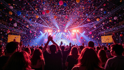 Celebrating crowd enjoying concert with colorful confetti