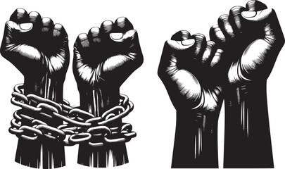 Human Rights Day strong hands silhouette icon set