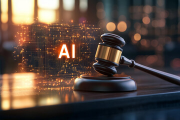 Wooden judicial gavel tap against technology AI background. Modern laws and legal regulations in US.