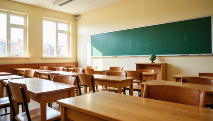 Classroom with wooden desks and chalkboard