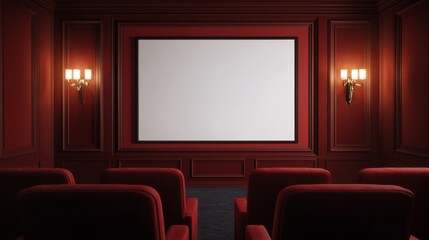 Fototapeta premium A cozy, luxurious movie theater interior featuring red seating, a blank screen, and elegant wall sconces, perfect for an intimate viewing experience.