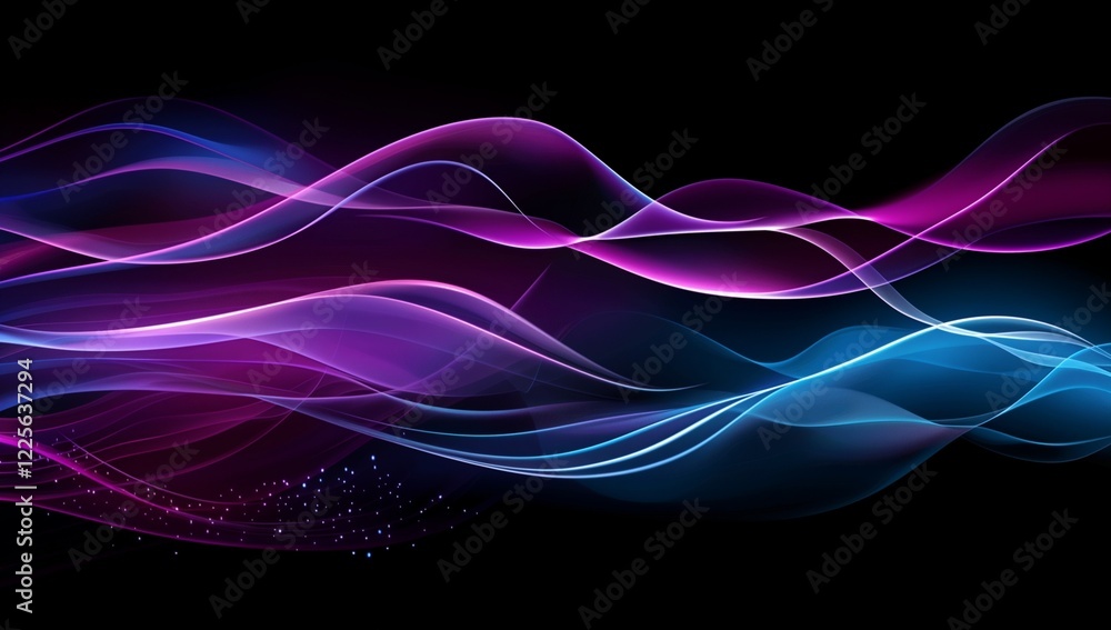 Poster a dark background with colorful waves of light in blue and purple colors, representing sound wave pa