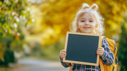 Young student stands outdoors with an empty chalkboard on a sunny autumn day