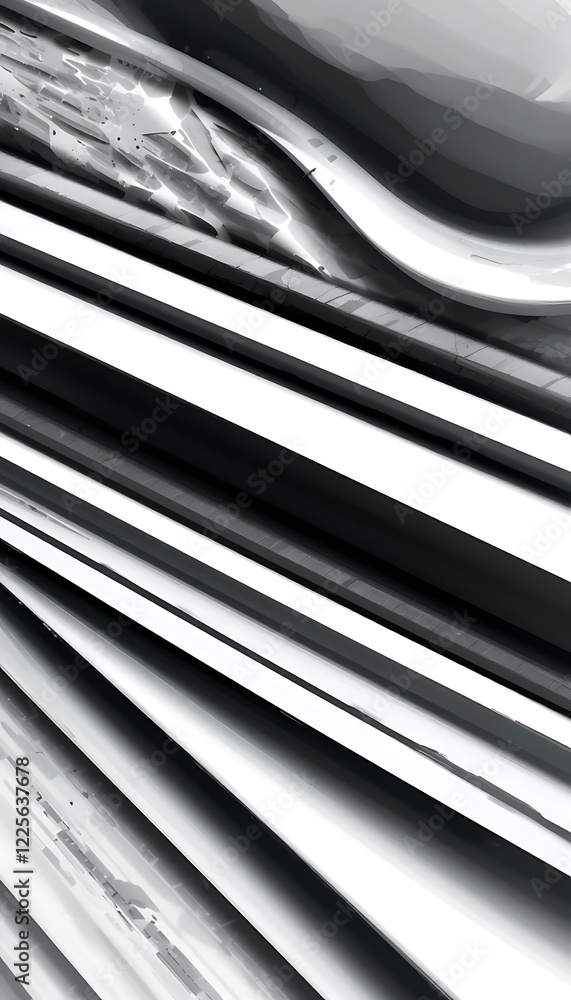 Poster abstract grayscale image of layered curving metallic shapes