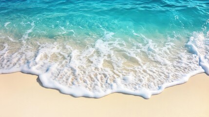 aerial view of pristine turquoise ocean waves gently lapping at a white sandy beach, creating mesmerizing natural patterns, shot in bright sunlight