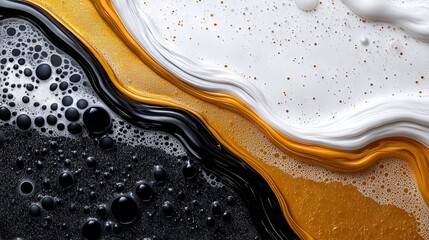 Obraz premium A close up of a black and white and gold liquid with bubbles
