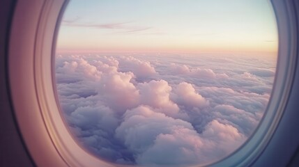 aerial view through airplane window of ethereal cloud formations at sunset, creating dreamlike layers of pink and gold against azure sky