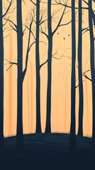 Silhouetted Trees in a Calm Autumn Forest Scene