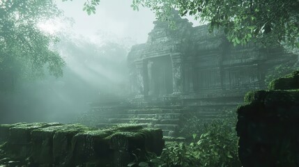 ancient angkor-style temple emerging from misty rainforest, moss-covered stones illuminated by ethereal morning light