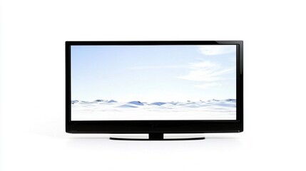 Fototapeta premium Black Modern Television Displaying Winter Landscape on White Background