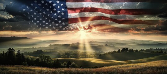 A digital art collage of the American flag waving in an idyllic countryside landscape, with rays of sunlight breaking through the dark clouds above Generative AI