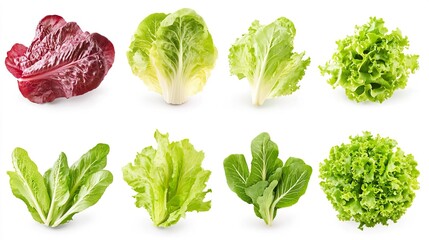 Fresh Variety of Green and Red Lettuce Leaves on White Background