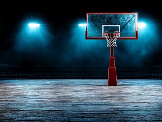 A basketball hoop in the middle of an empty basketball court at night