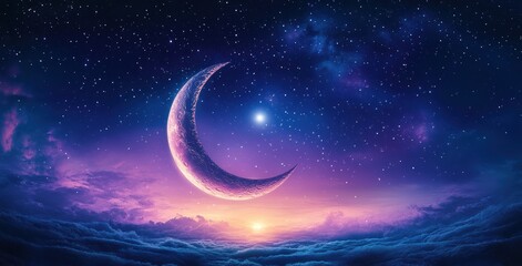 Ethereal Night Sky with Crescent Moon and Vibrant Colorful Clouds Under Stars in a Magical Cosmic Landscape