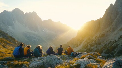 Fototapeta premium Hikers watching sunset in mountain valley