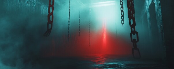 Chains hanging from the ceiling illuminated by a red light in a smoky, dark interior
